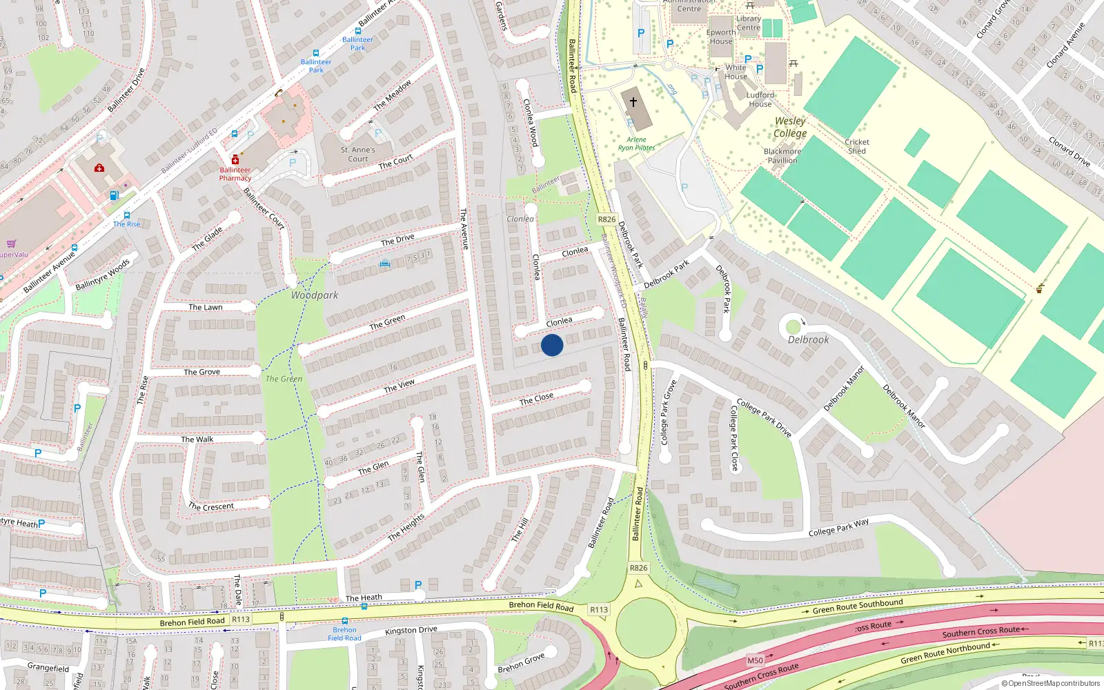 Overhead map showing the location of 42 Clonlea, Dublin 16