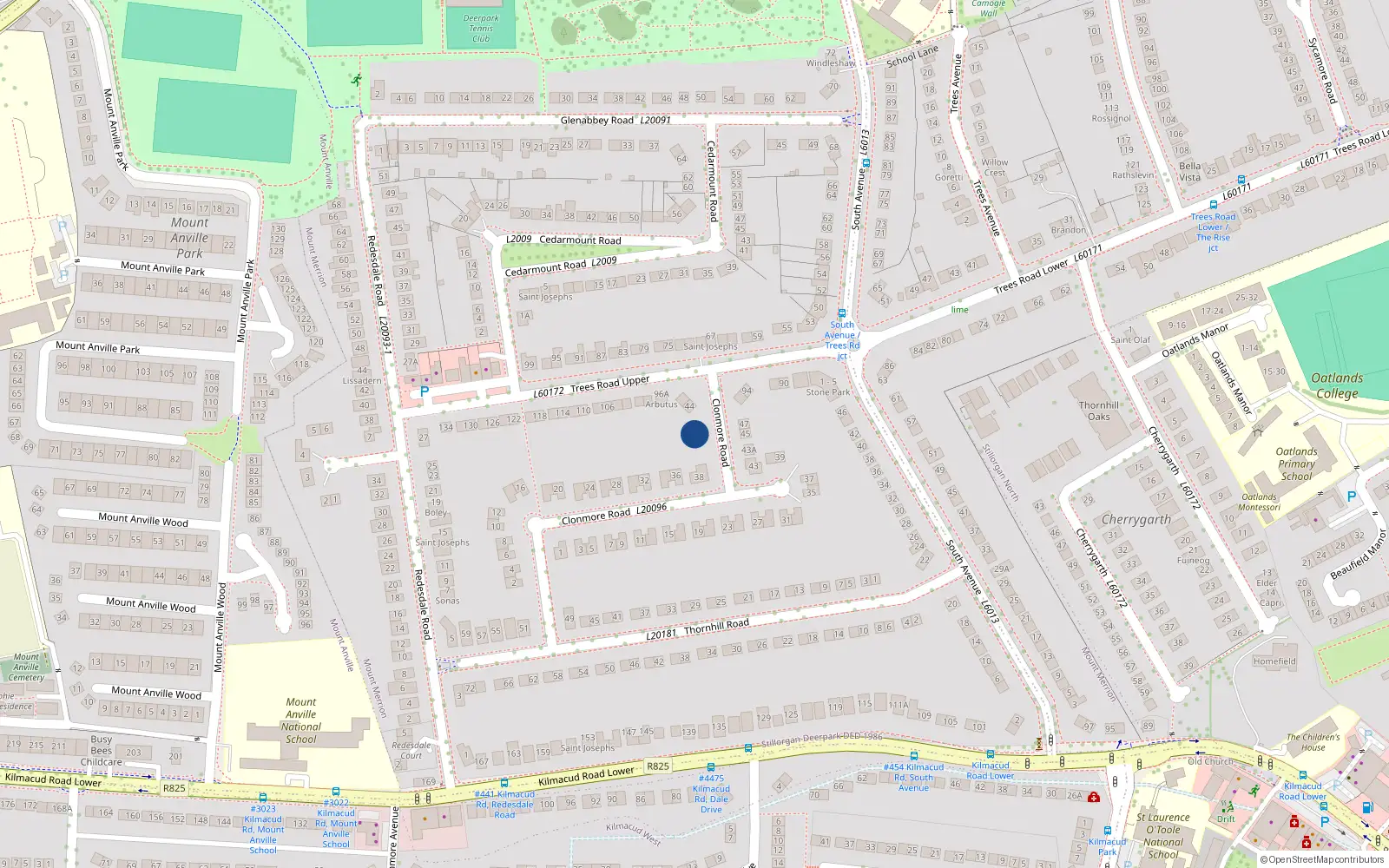 Overhead map showing the location of 42 Clonmore Road, Mount Merrion, Dublin