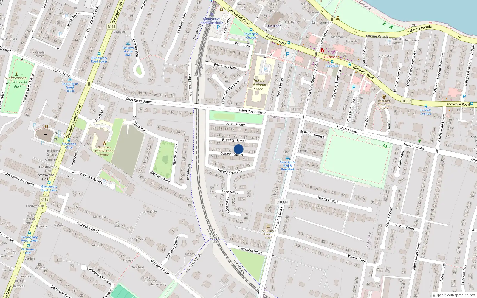 Overhead map showing the location of 42 Coldwell St, Glasthule, Dun Laoghaire