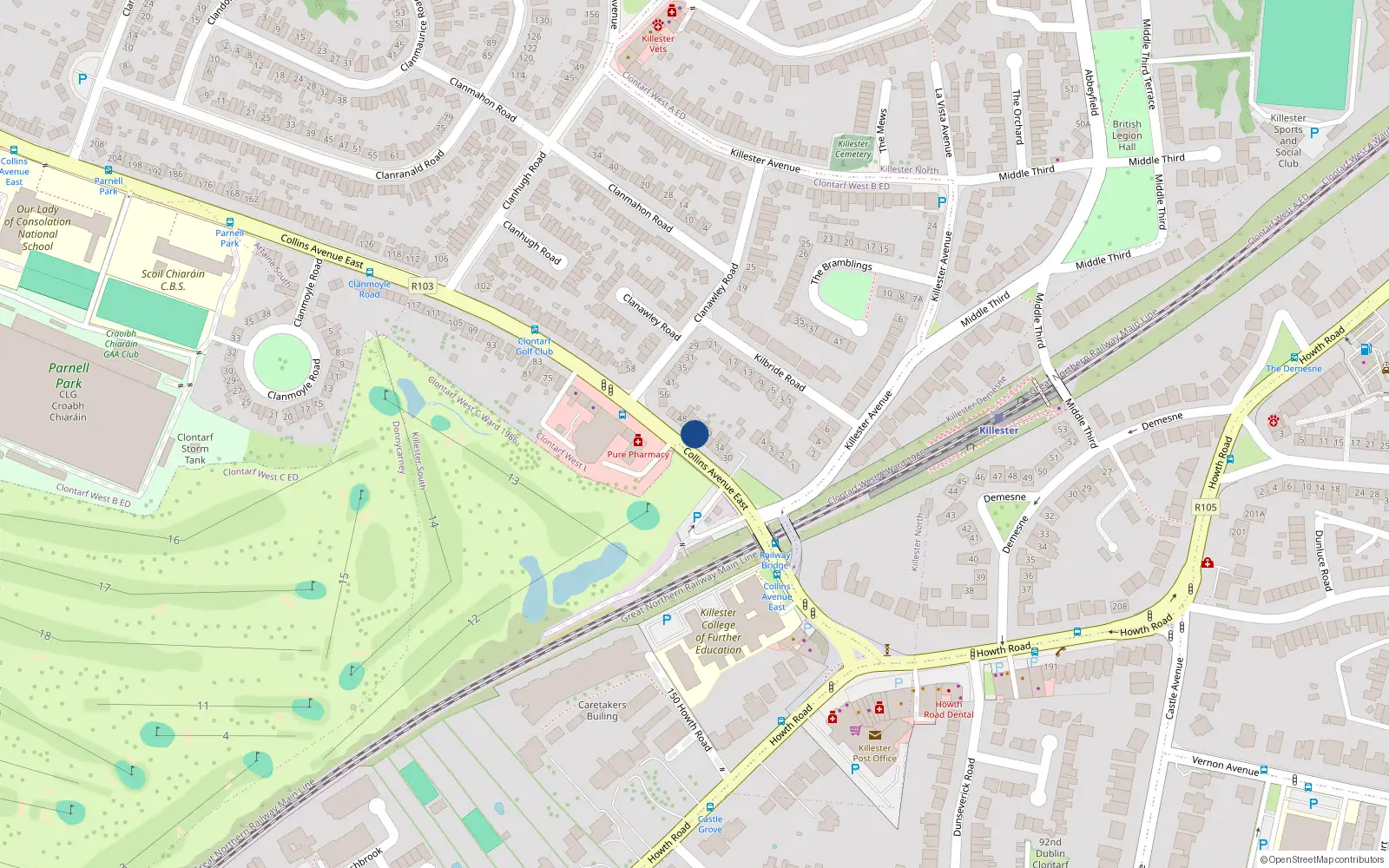Overhead map showing the location of 42 Collins Avenue East, Donnycarney, Dublin 5