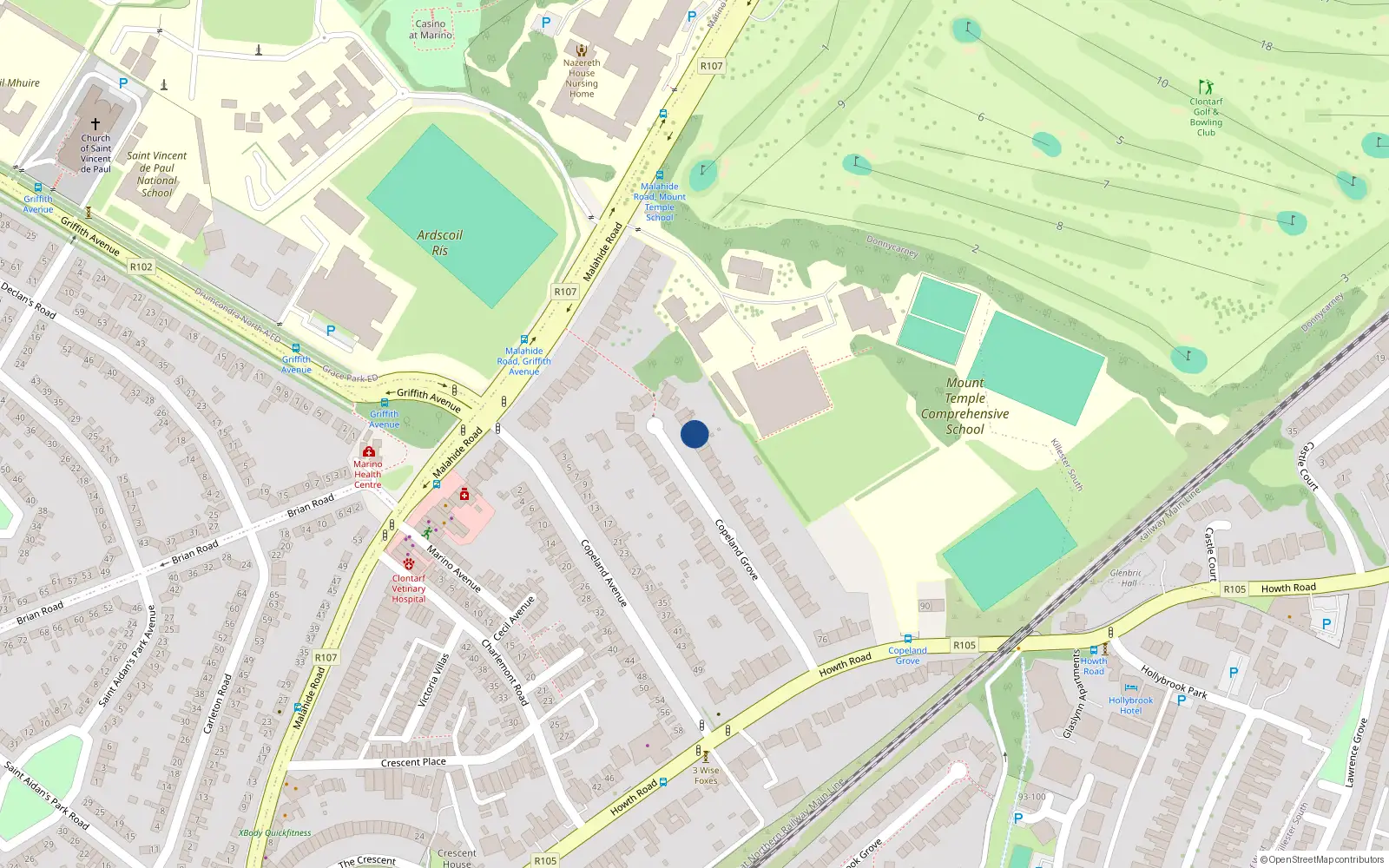Overhead map showing the location of 42 Copeland Grove, Dublin 3