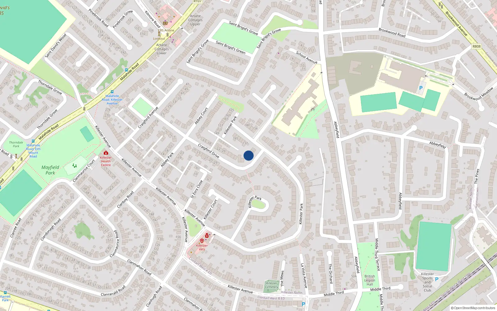 Overhead map showing the location of 42 Craigford Drive, Killester, Dublin 5