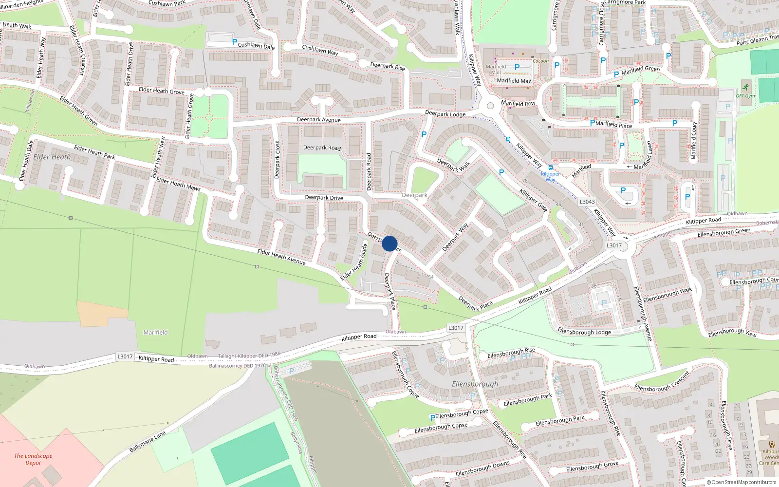 Overhead map showing the location of 42 Deerpark Place, Tallaght