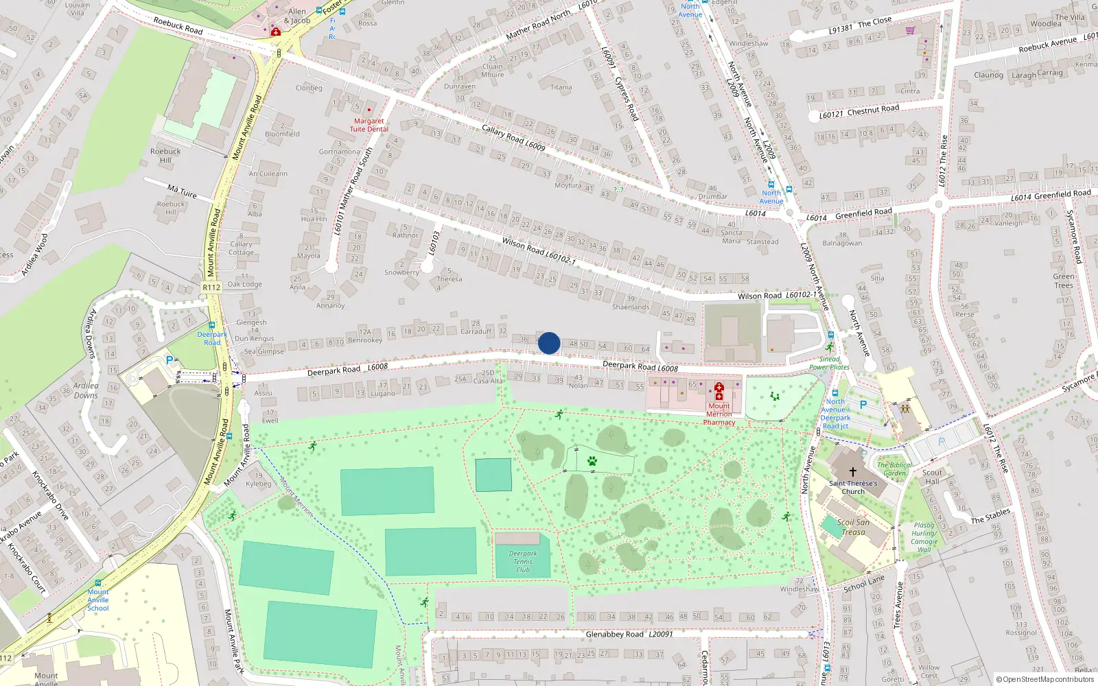 Overhead map showing the location of 42 Deerpark Road, Mount Merrion, Dublin