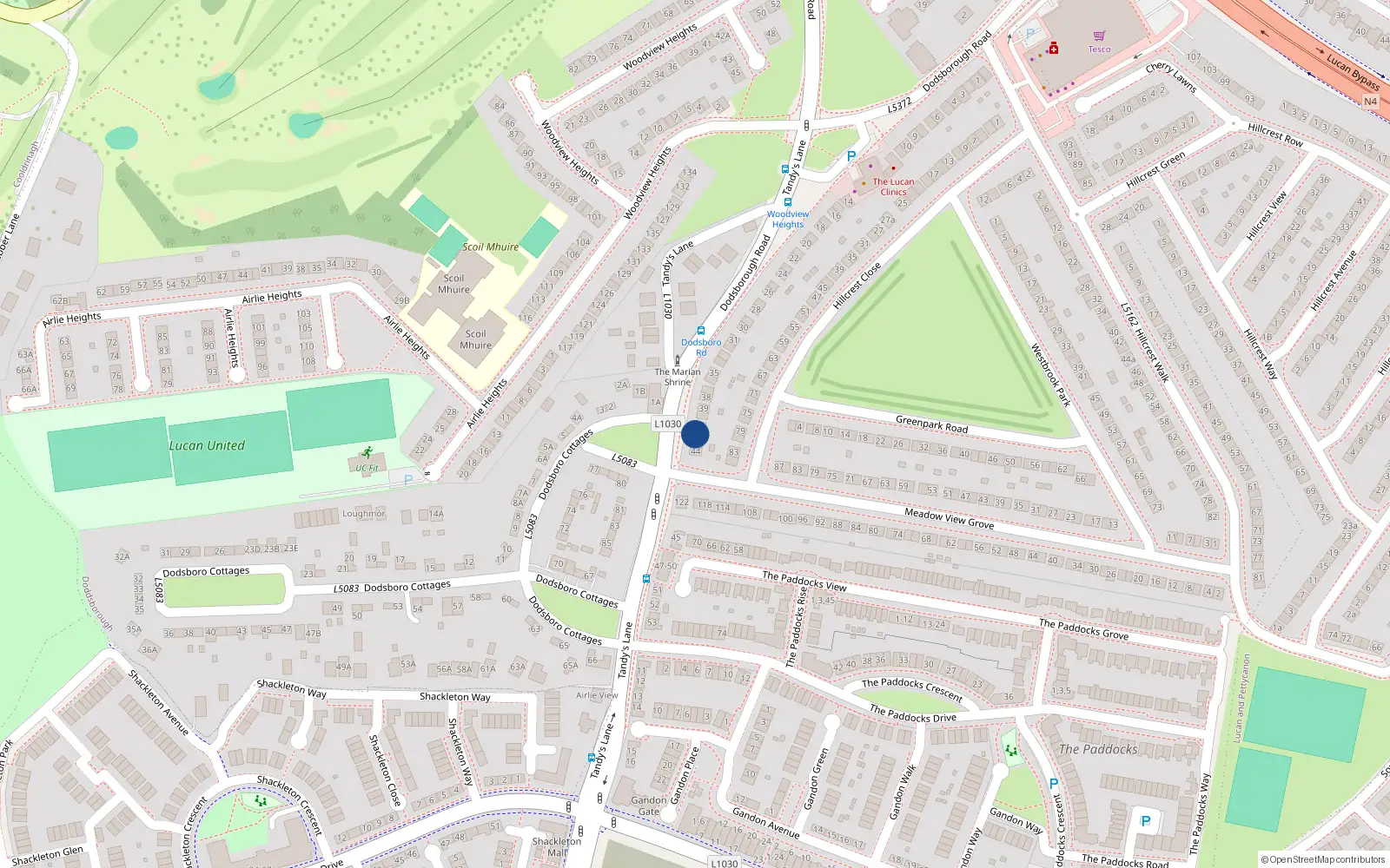 Overhead map showing the location of 42 Dodsborough Road, Lucan, Dublin