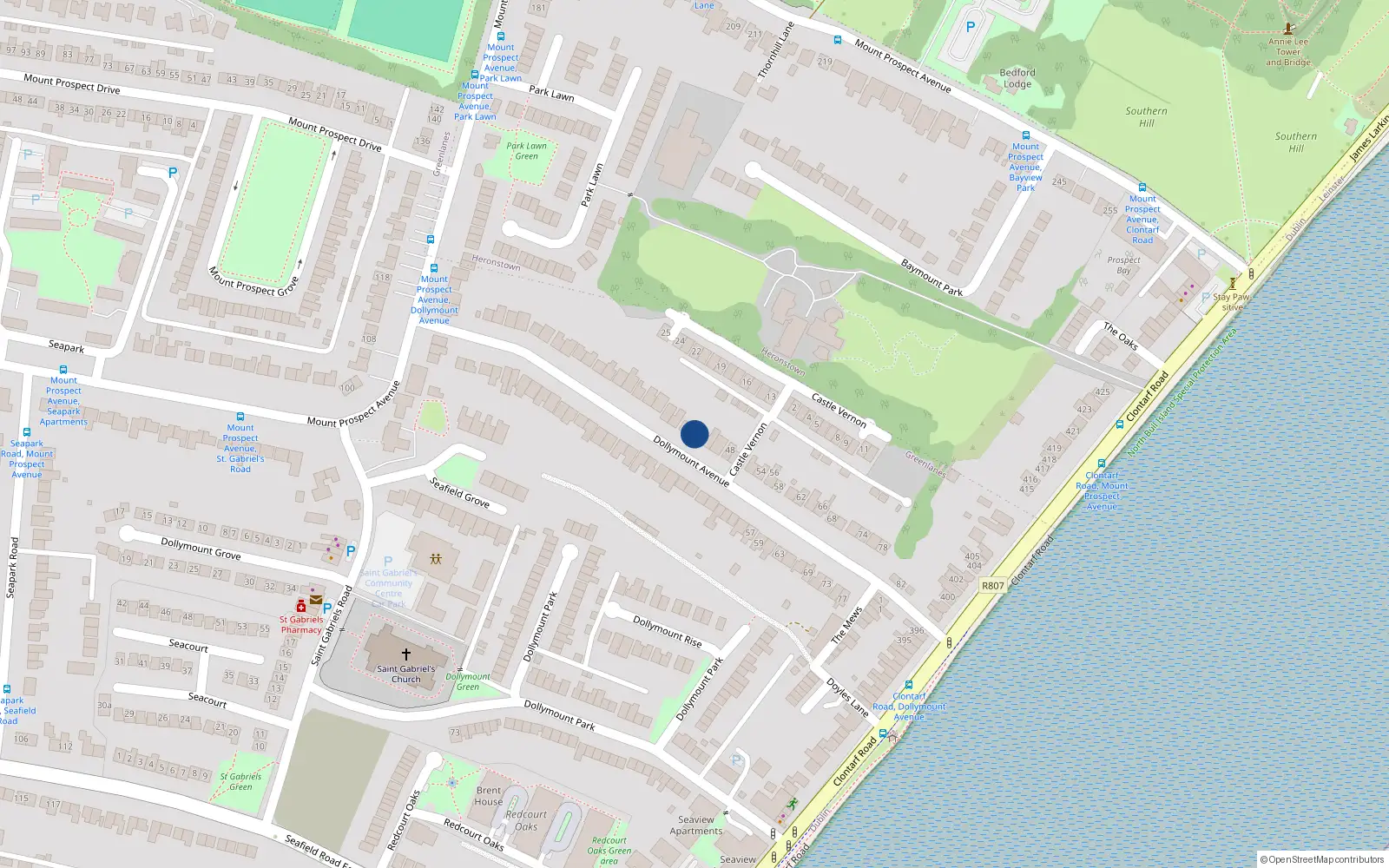 Overhead map showing the location of 42 Dollymount Avenue, Clontarf, Dublin 3