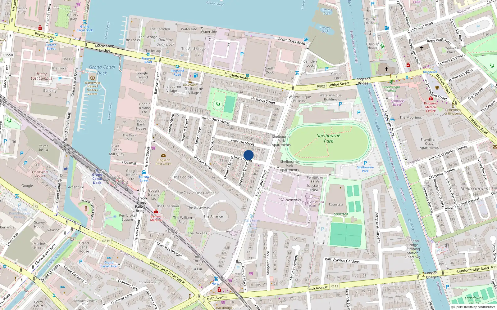 Overhead map showing the location of 42 Doris Street, Dublin 4