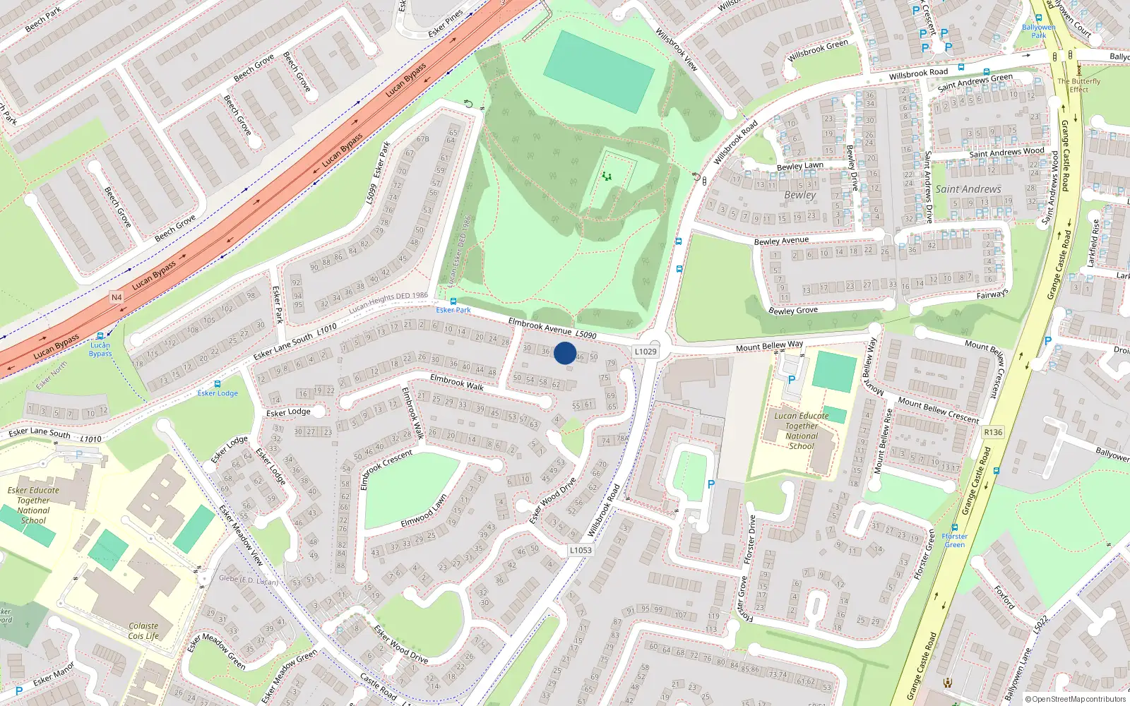 Overhead map showing the location of 42 Elmbrook Avenue, Lucan