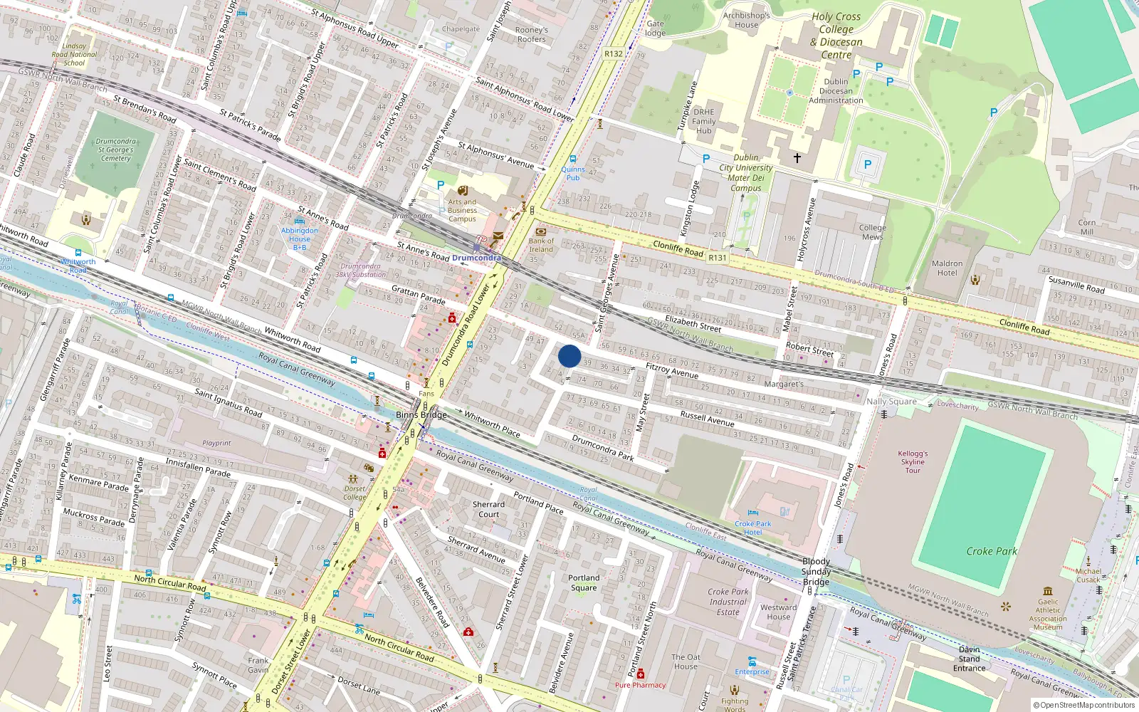 Overhead map showing the location of 42 Fitzroy Avenue, Drumcondra, Dublin 3, D03er22