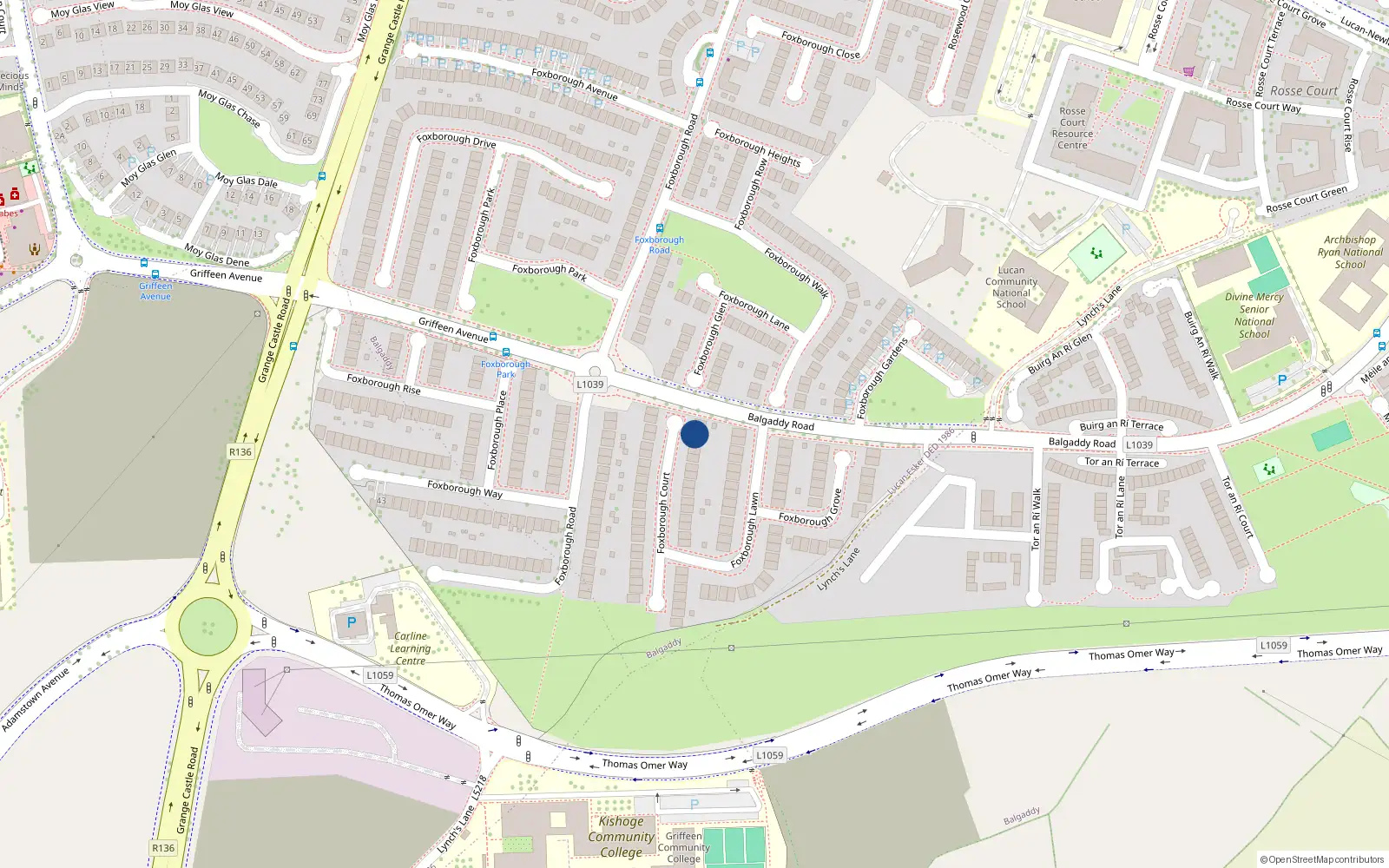 Overhead map showing the location of 42 Foxborough Court, Lucan, Dublin