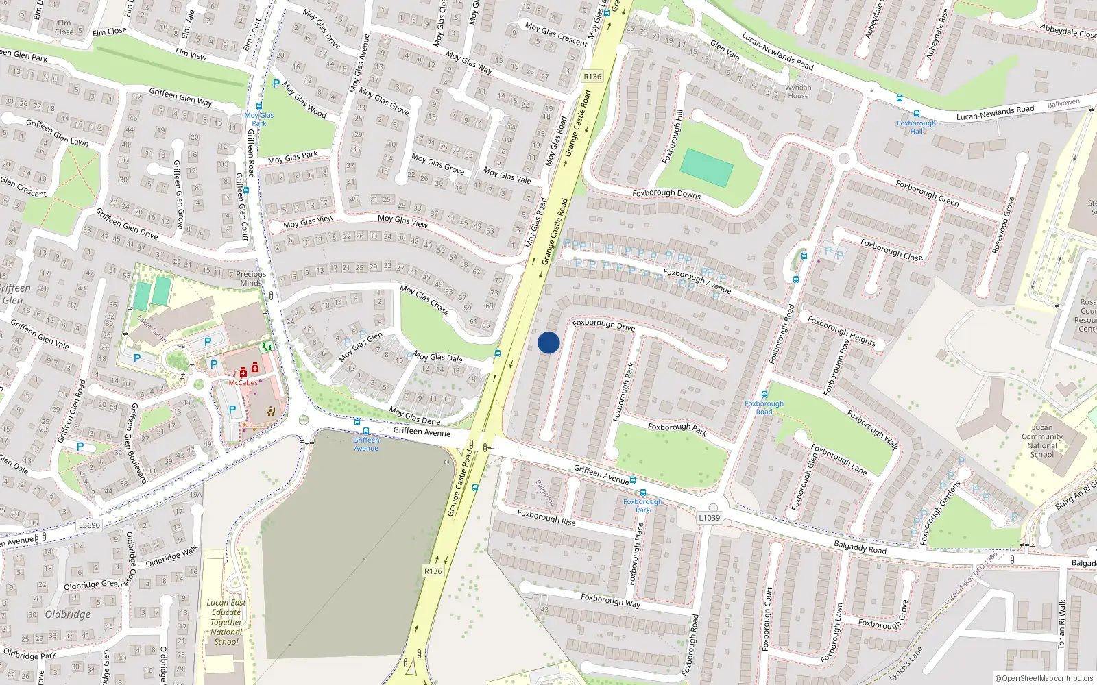 Overhead map showing the location of 42 Foxborough Drive, Lucan, Dublin