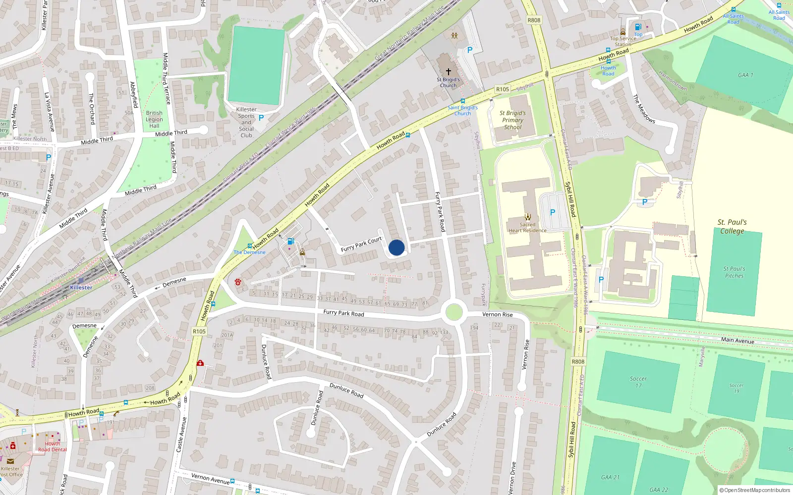Overhead map showing the location of 42 Furry Park Court, Dublin 5