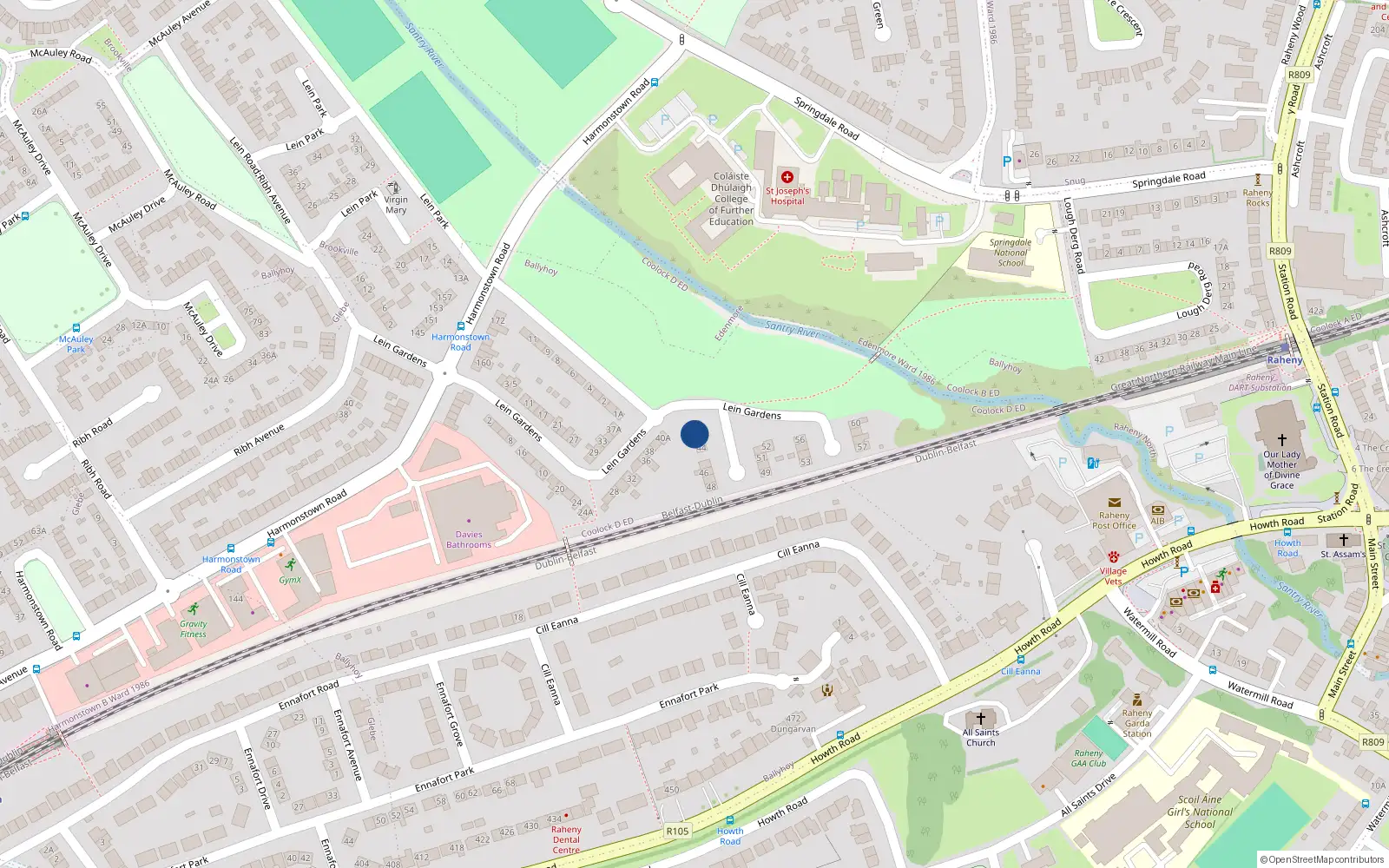 Overhead map showing the location of 42 Gairdini Lein, Raheny, Dublin 5