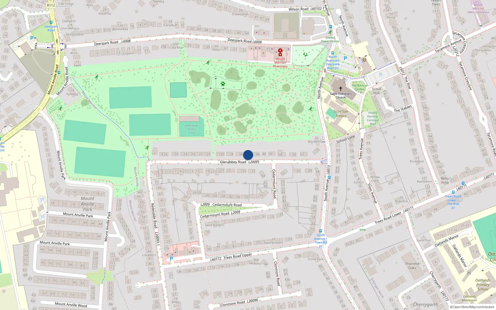 Overhead map showing the location of 42 Glenabbey Road, Mount Merrion, Blackrock
