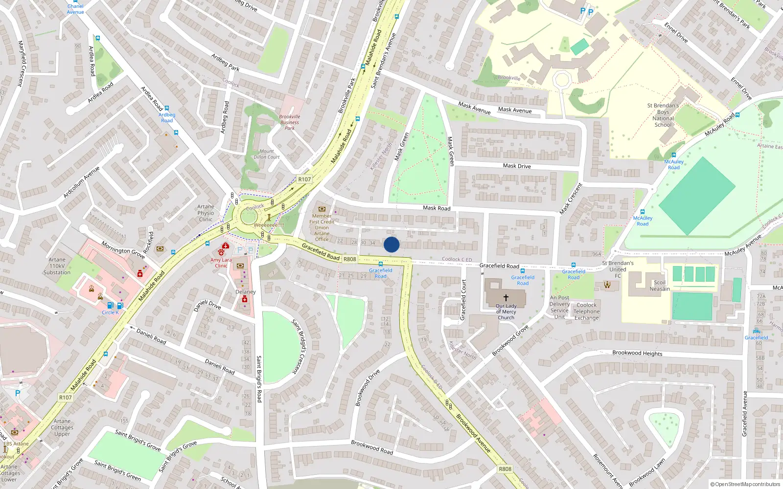 Overhead map showing the location of 42 Gracefield Road, Artane, Dublin 5
