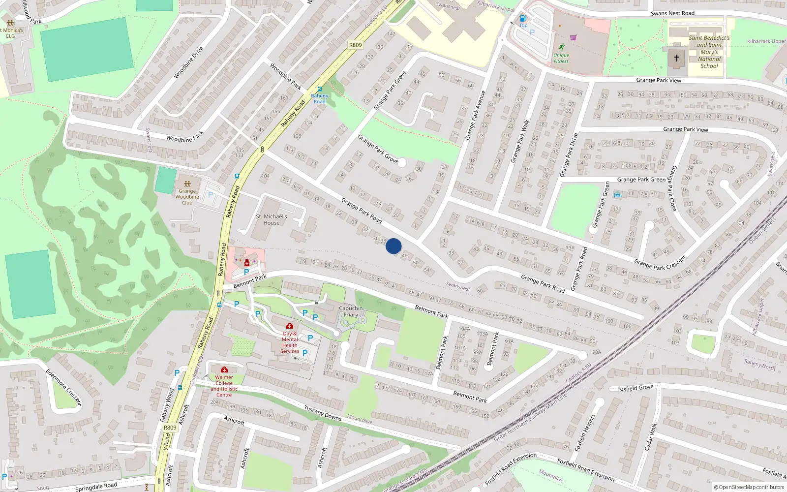 Overhead map showing the location of 42 Grange Park Road, Dublin 5