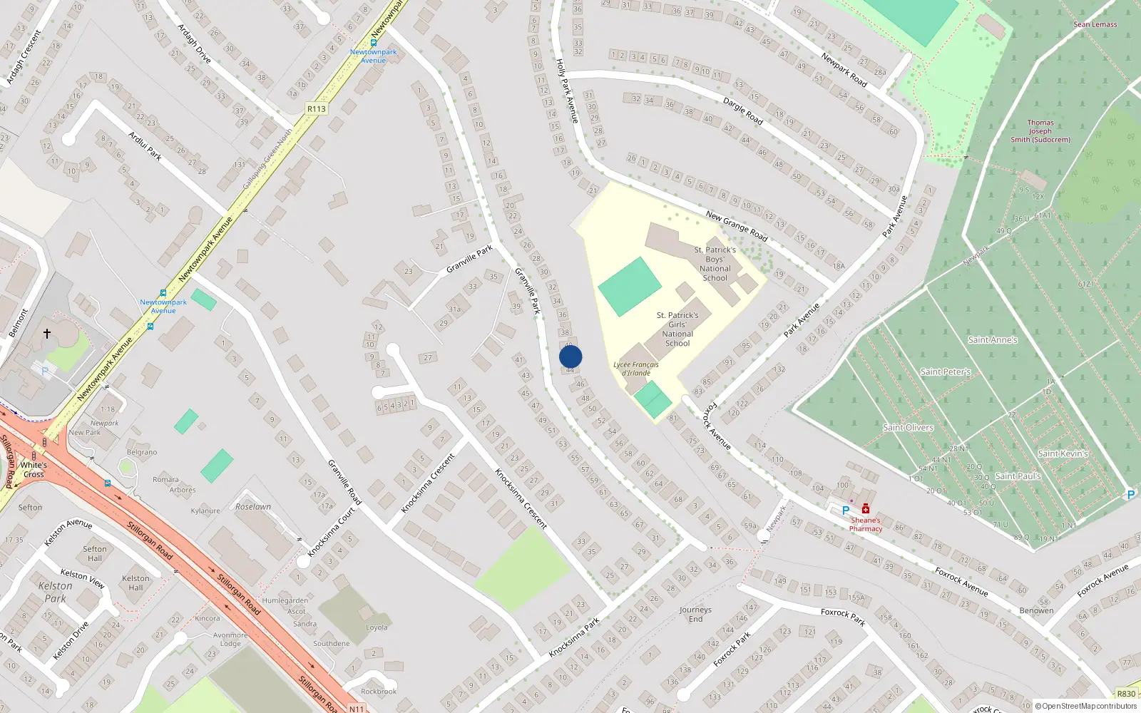 Overhead map showing the location of 42 Granville Park, Blackrock