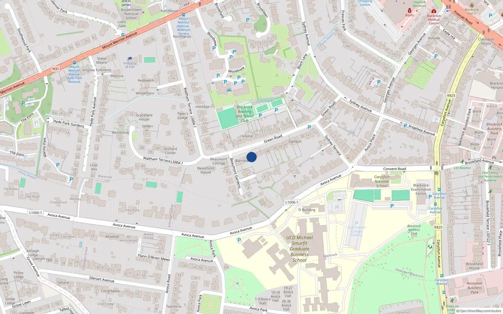 Overhead map showing the location of 42 Green Road, Blackrock