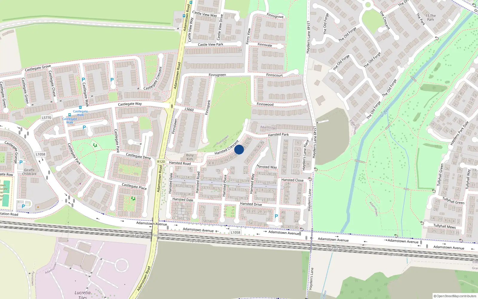 Overhead map showing the location of 42 Hanstead Close, Finnstown Road, Lucan
