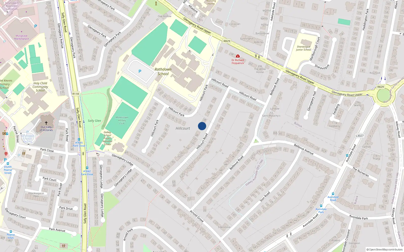 Overhead map showing the location of 42 Hillcourt Road, Glenageary, Dublin