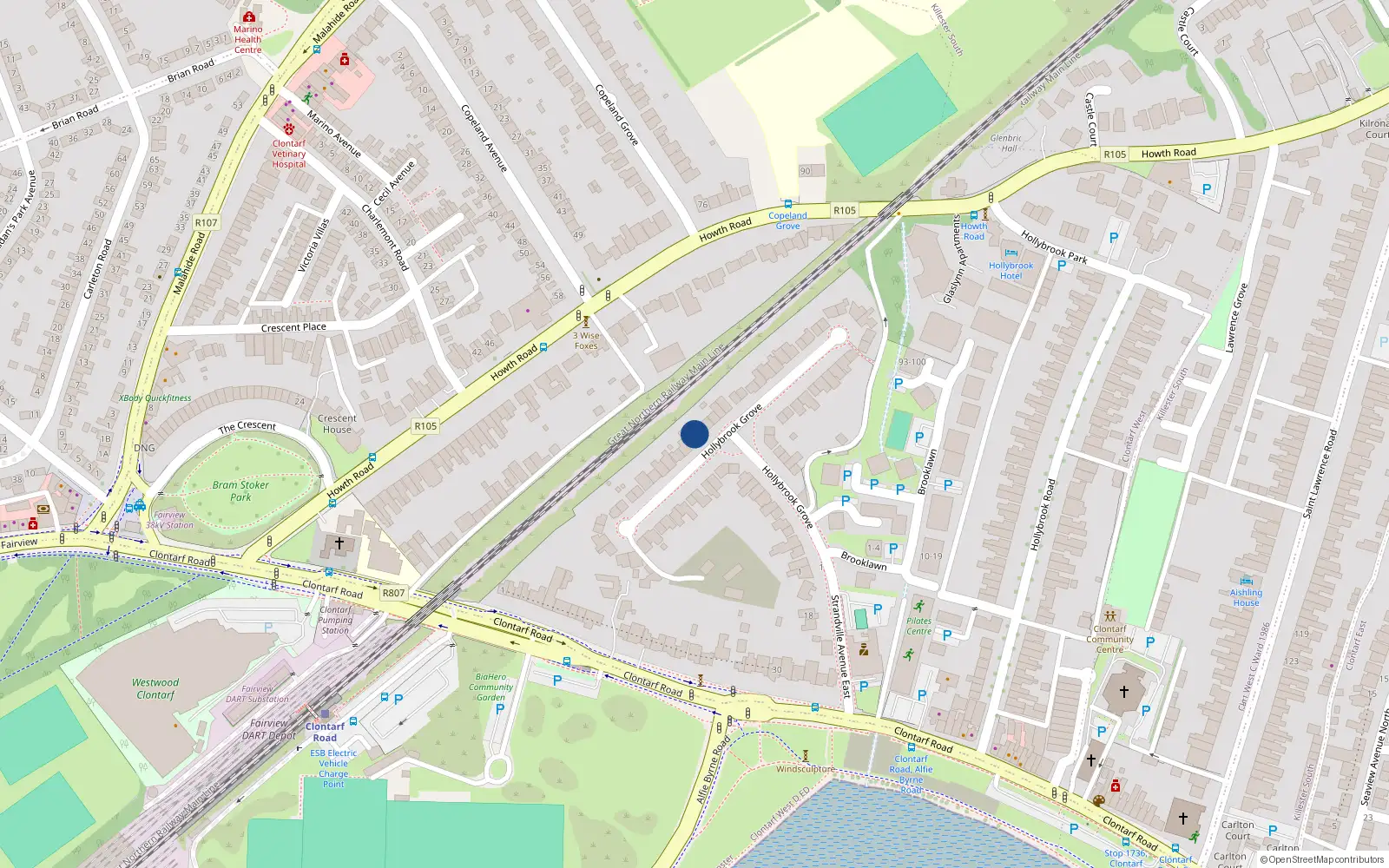 Overhead map showing the location of 42 Hollybrook Grove, Dublin 3