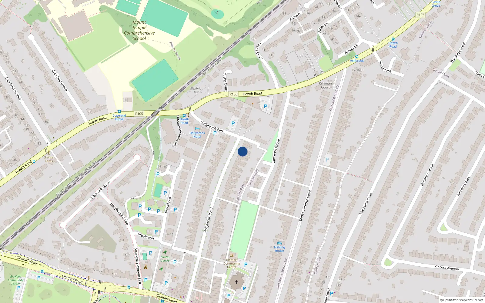 Overhead map showing the location of 42 Hollybrook Road, Clontarf, Dublin 3
