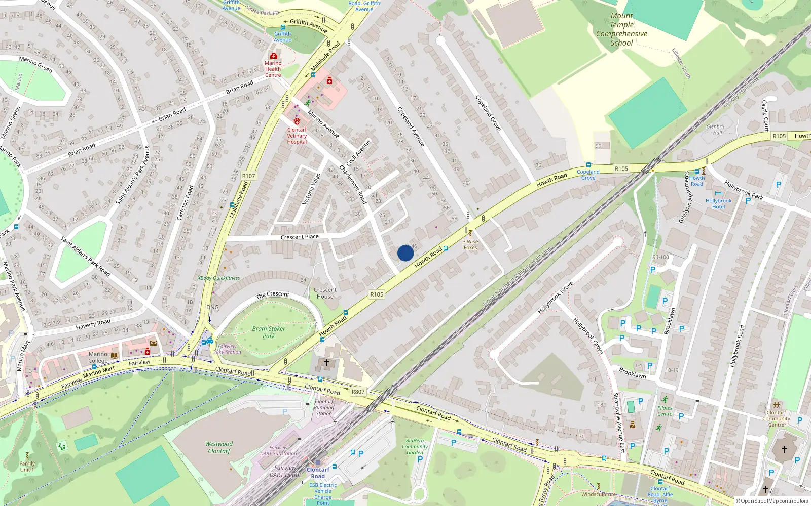 Overhead map showing the location of 42 Howth Road, Clontarf, Dublin 3