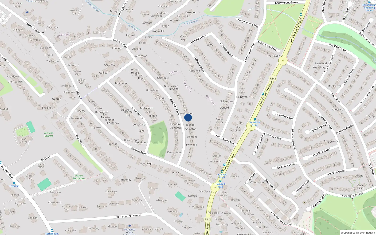 Overhead map showing the location of 42, 42 Kilteragh Road, Dublin 18