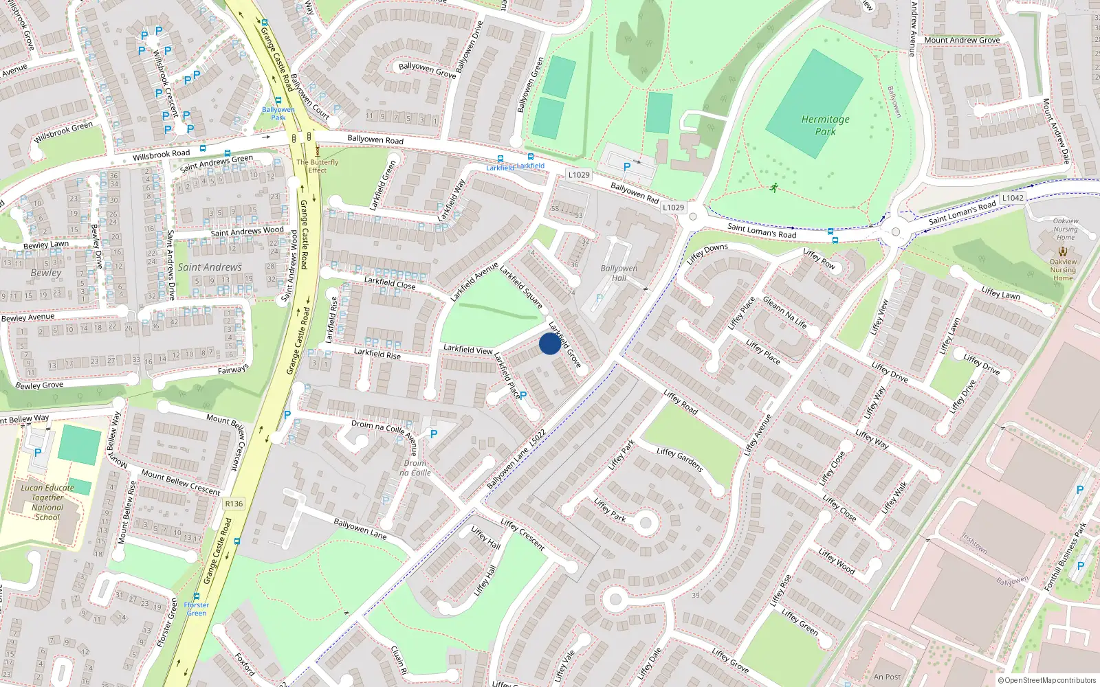Overhead map showing the location of 42 Larkfield View, Lucan