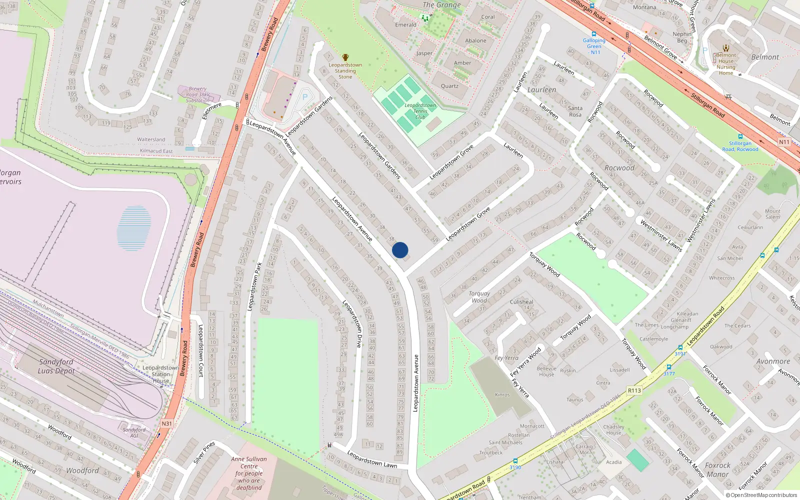 Overhead map showing the location of 42 Leopardstown Avenue, Galloping Green, Stillorgan