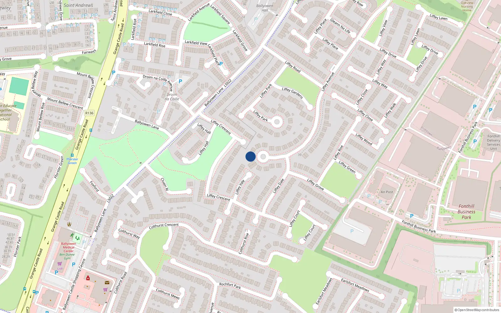 Overhead map showing the location of 42 Liffey Avenue, Liffey Valley Park, Lucan