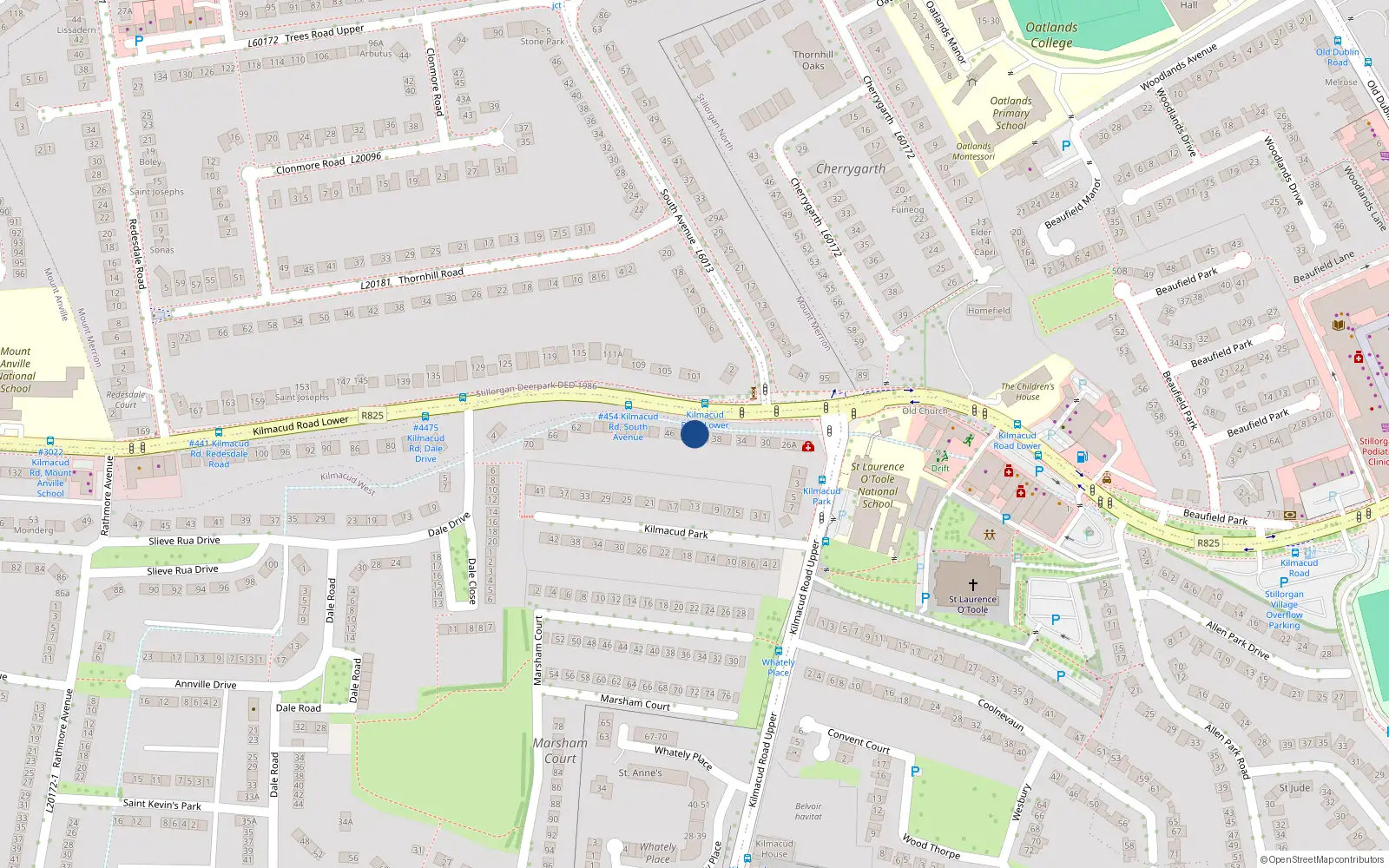 Overhead map showing the location of 42 Lower Kilmacud Road, Dublin