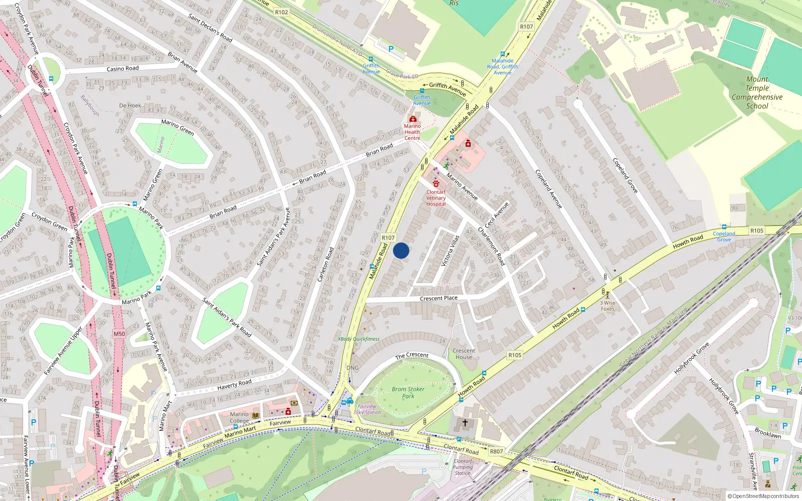 Overhead map showing the location of 42 Malahide Road, Clontarf, Dublin 3
