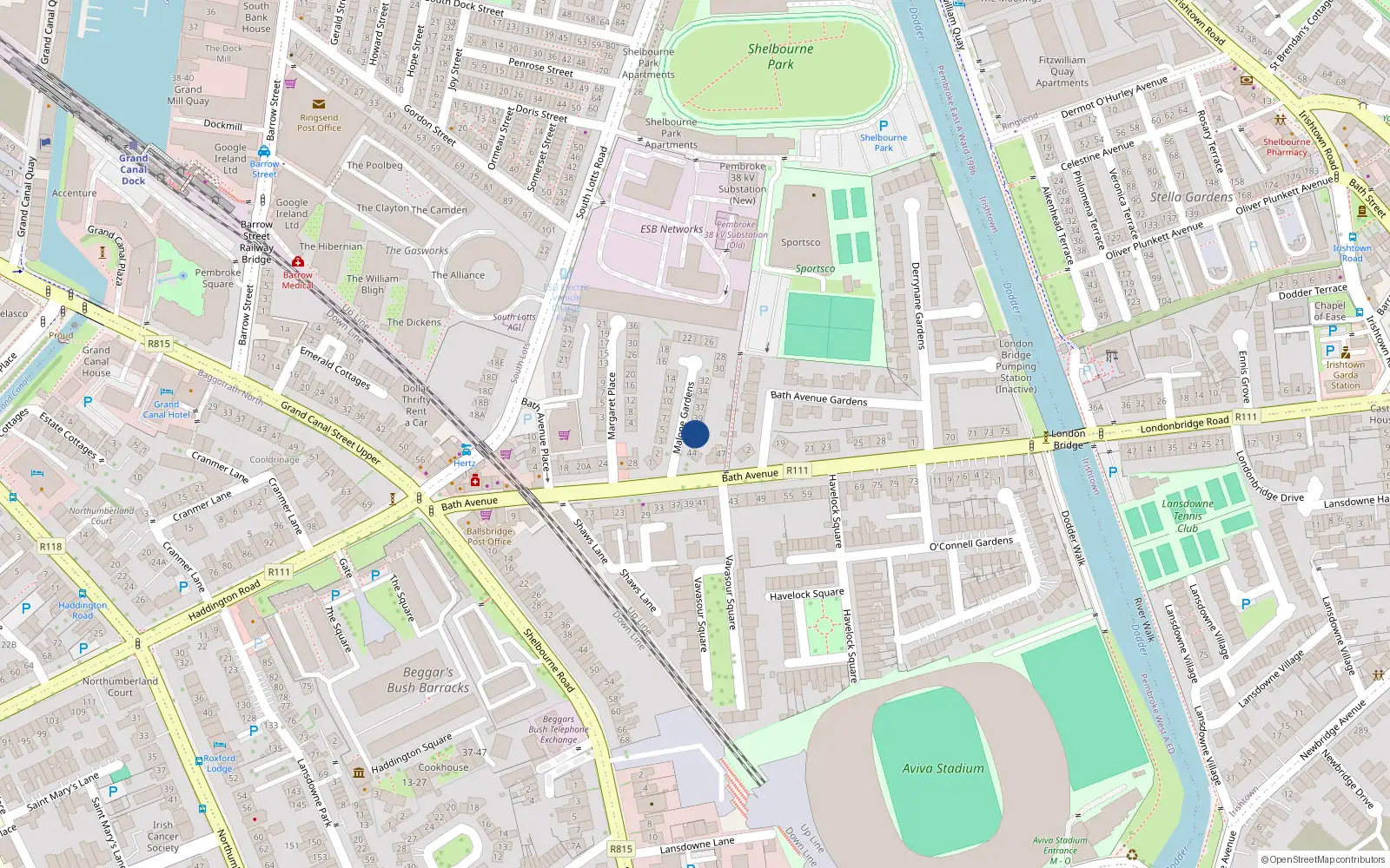 Overhead map showing the location of 42 Malone Gardens, Sandymount Dublin 4