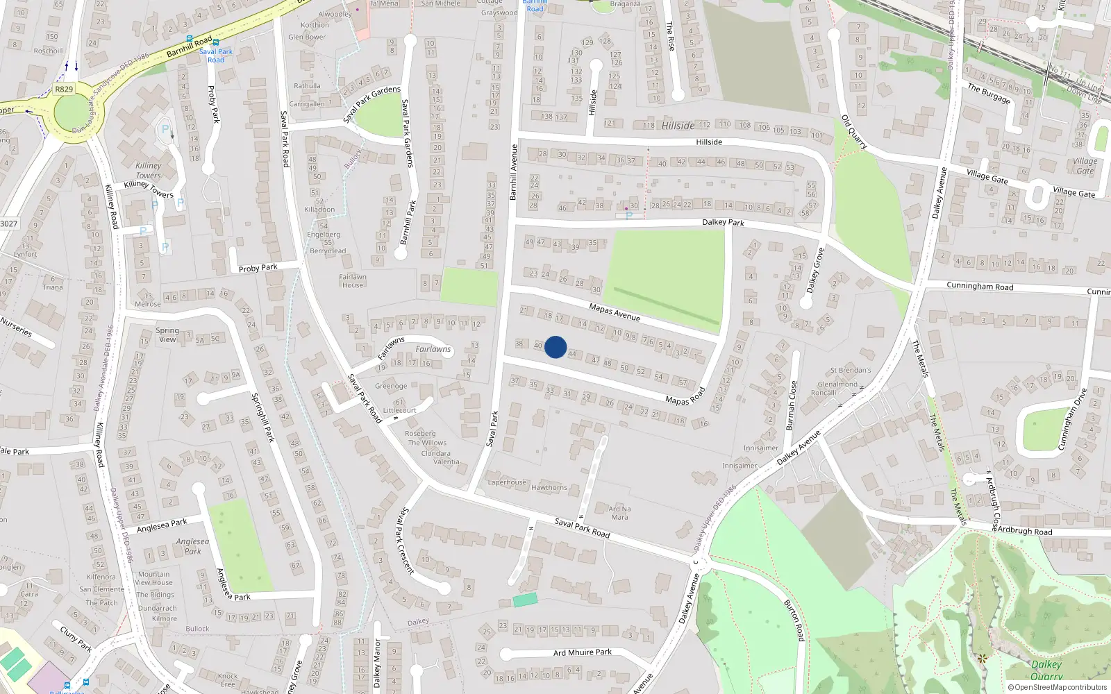 Overhead map showing the location of 42 Mapas Road, Dalkey