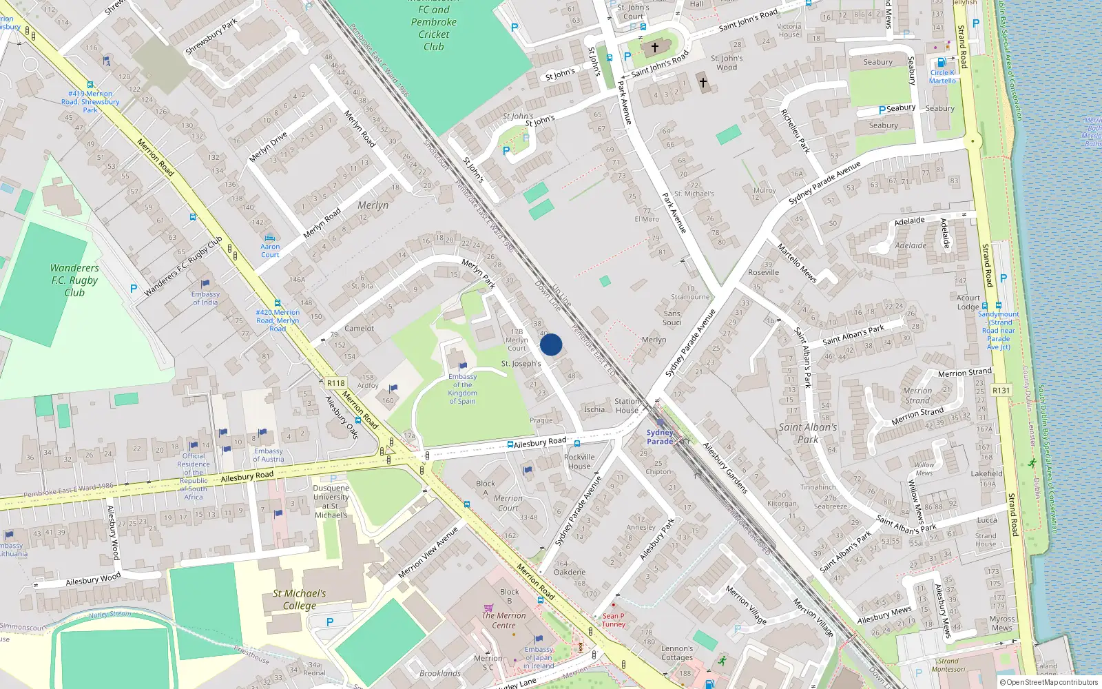 Overhead map showing the location of 42 Merlyn Park, Ballsbridge