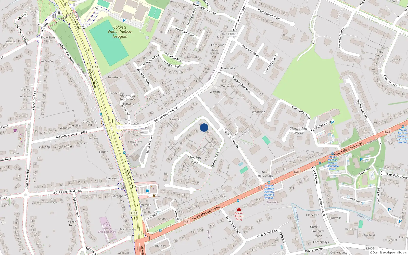 Overhead map showing the location of 42 Merrion Park, Blackrock, Dublin