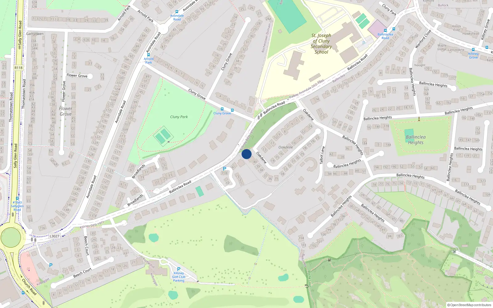 Overhead map showing the location of 42 Oakdene, Killiney, Dublin
