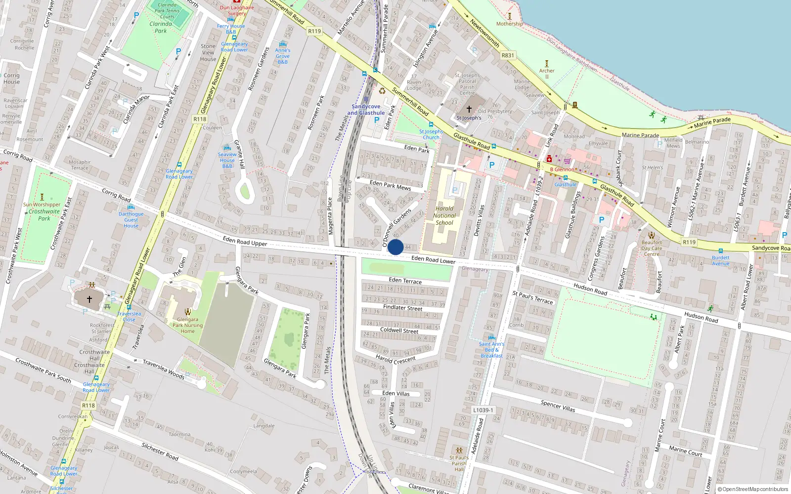 Overhead map showing the location of 42 Odonnell Gardens, Glasthule, Dublin