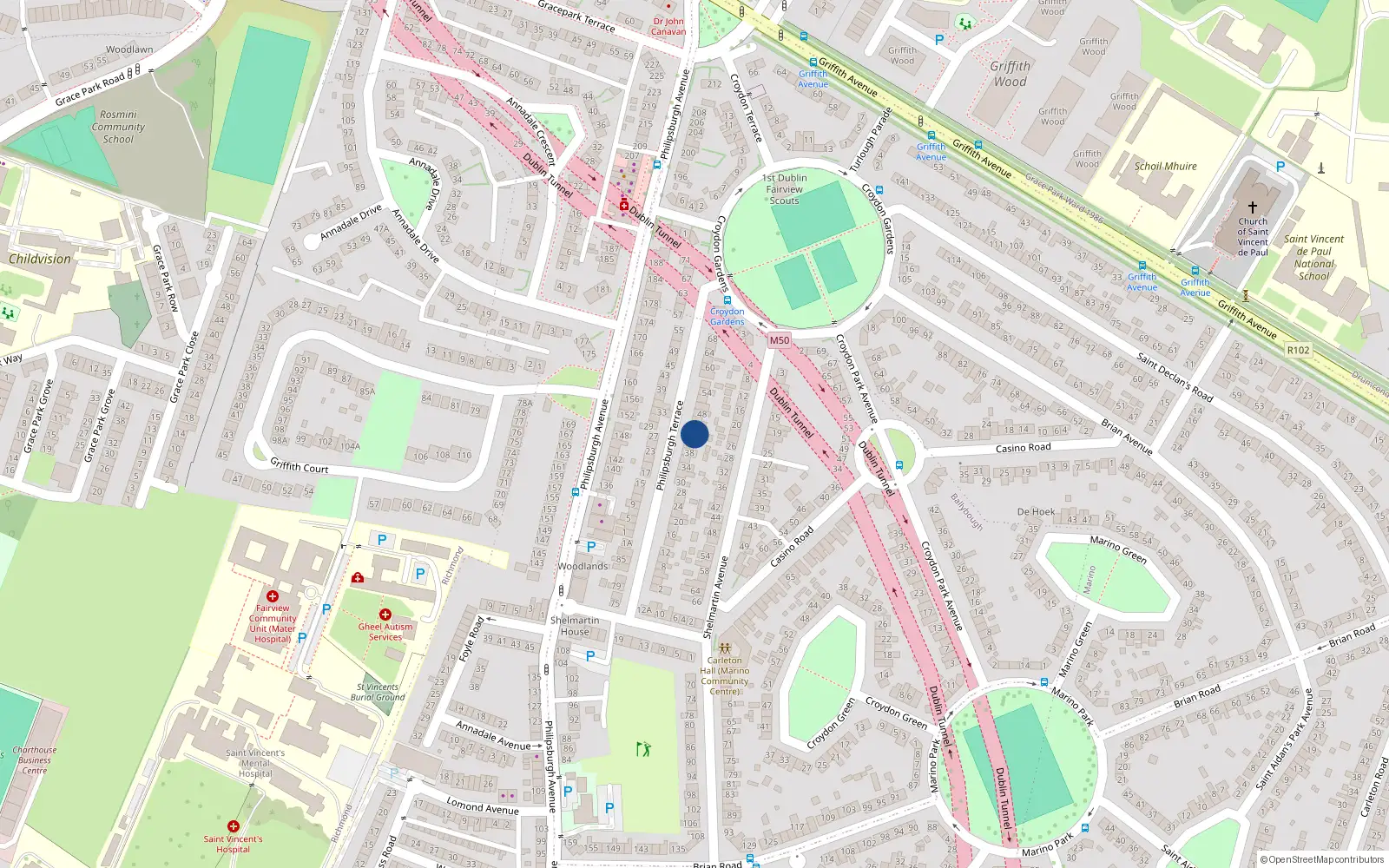 Overhead map showing the location of 42 Philipsburgh Terrace, Dublin 3