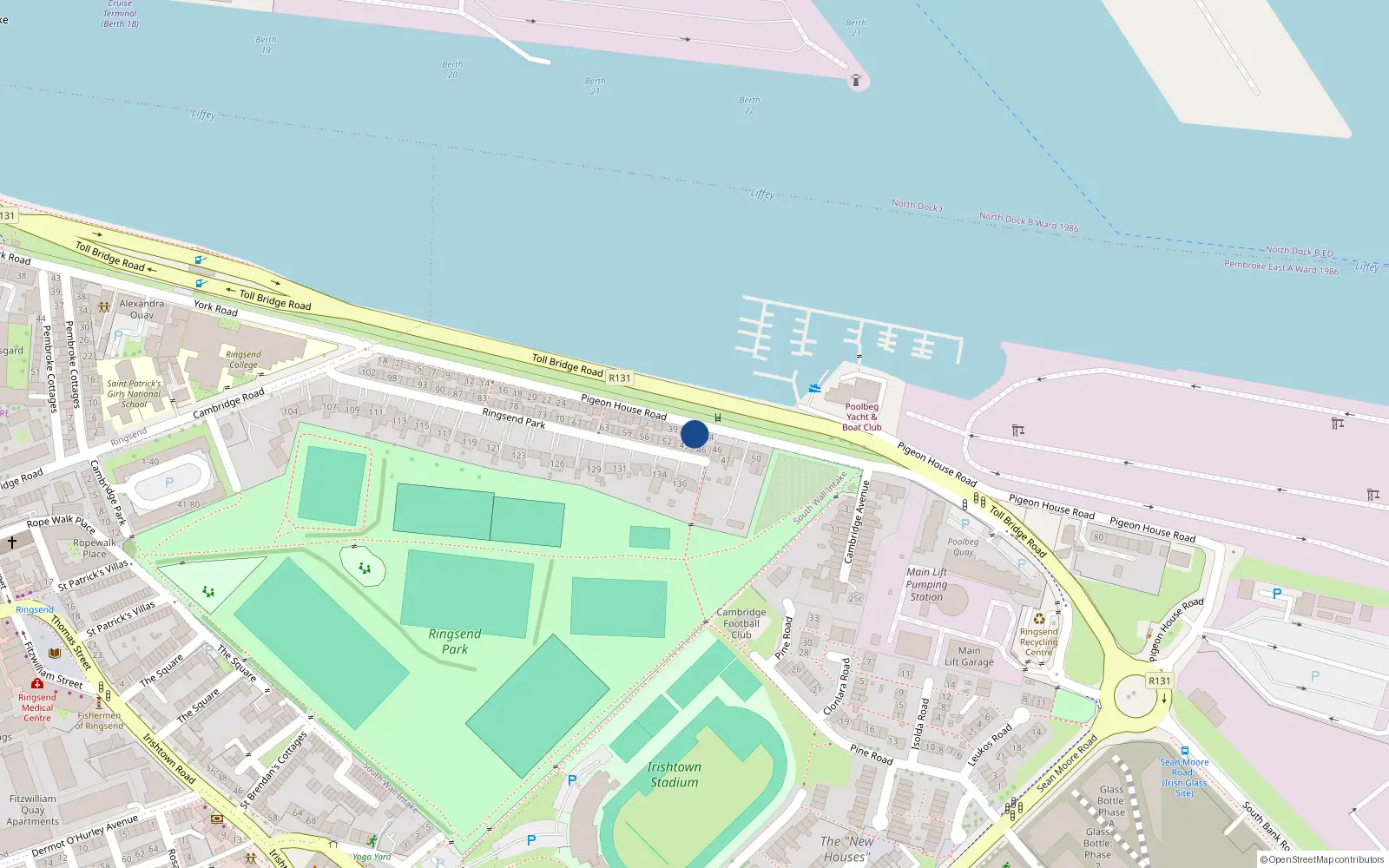 Overhead map showing the location of 42 Pigeon House Road, Dublin 4