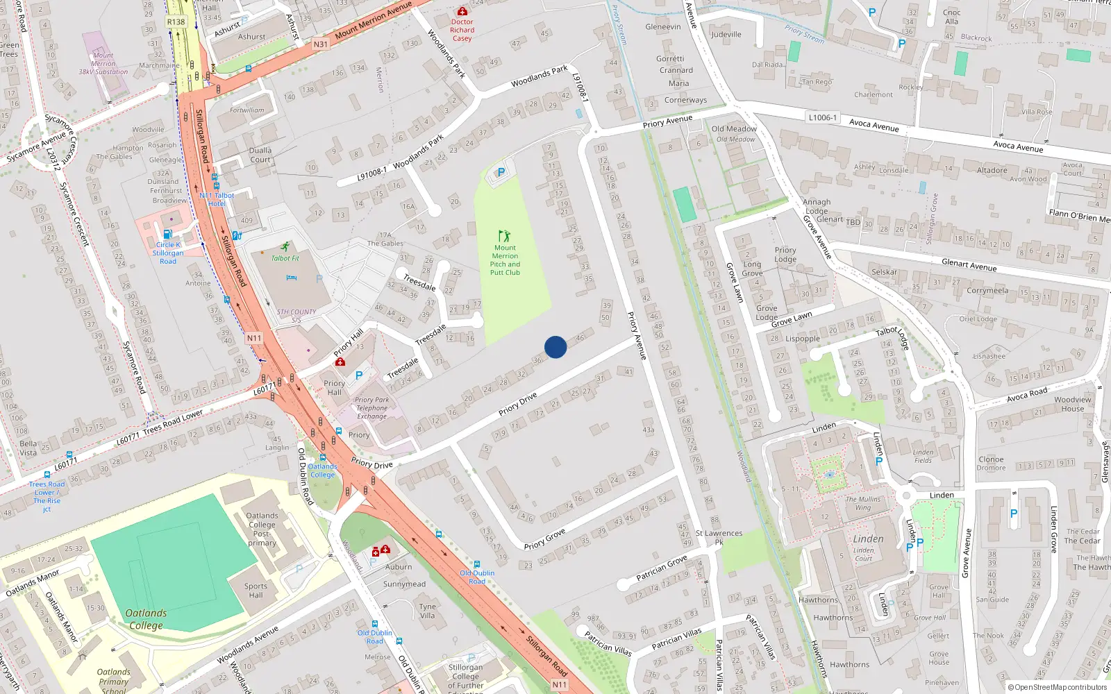 Overhead map showing the location of 42 Priory Drive, Dublin