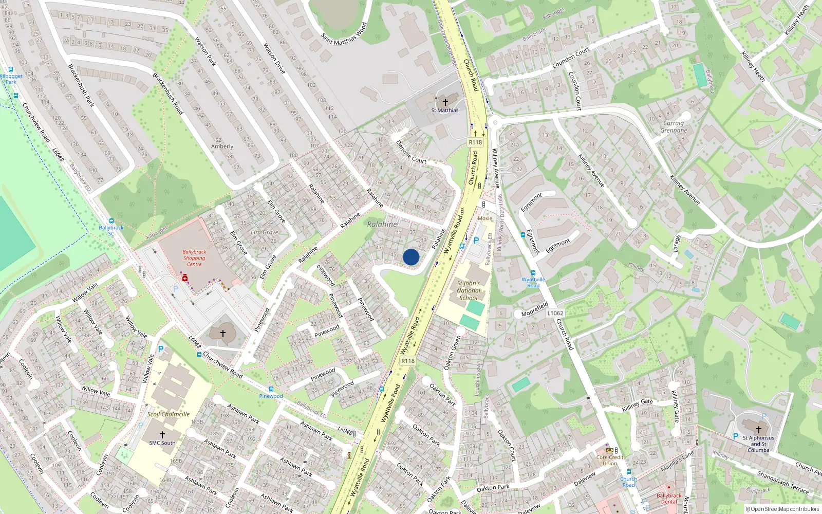Overhead map showing the location of 42 Ralahine, Church Road, Killiney