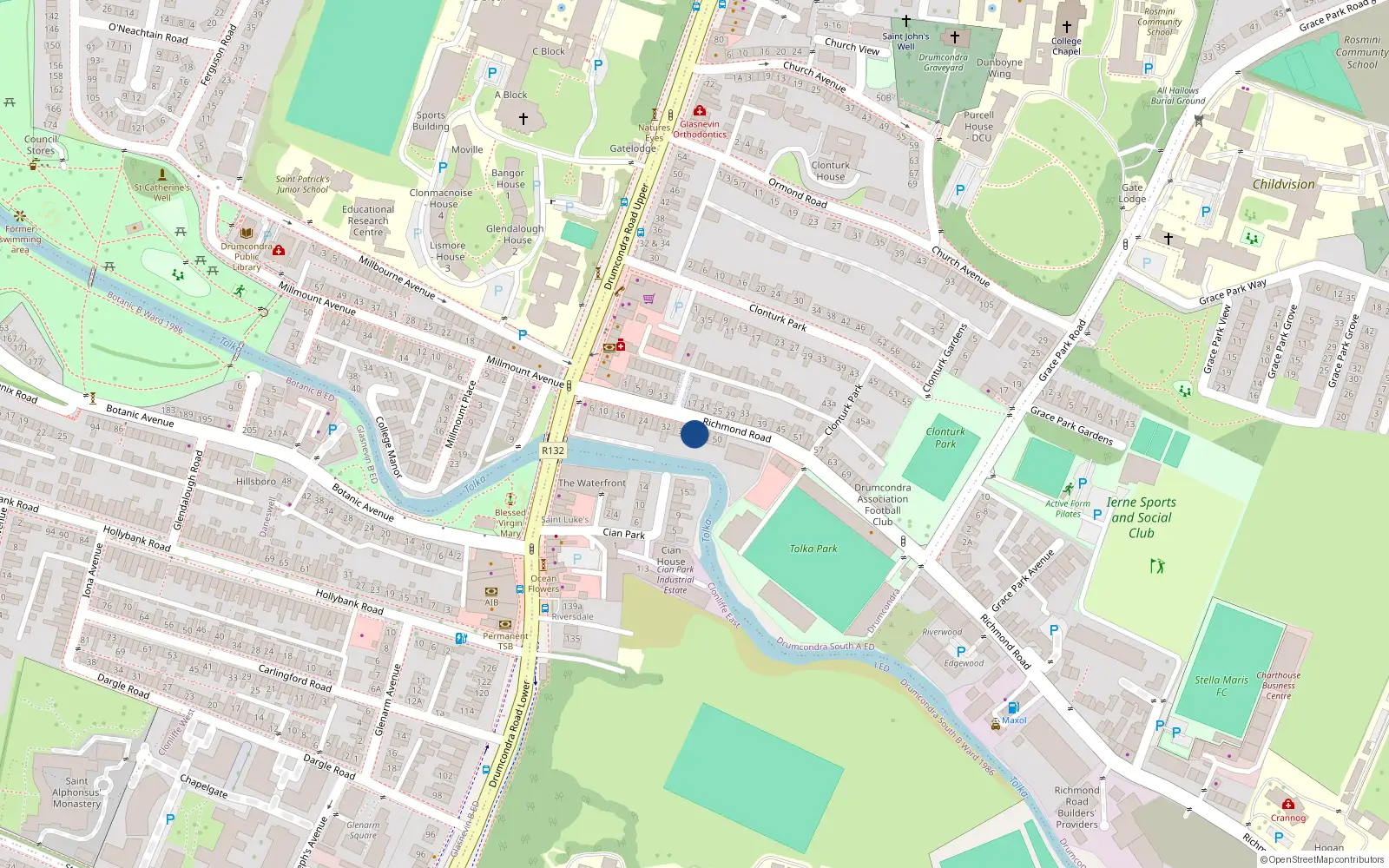 Overhead map showing the location of 42 Richmond Road, Dublin 3, Dublin