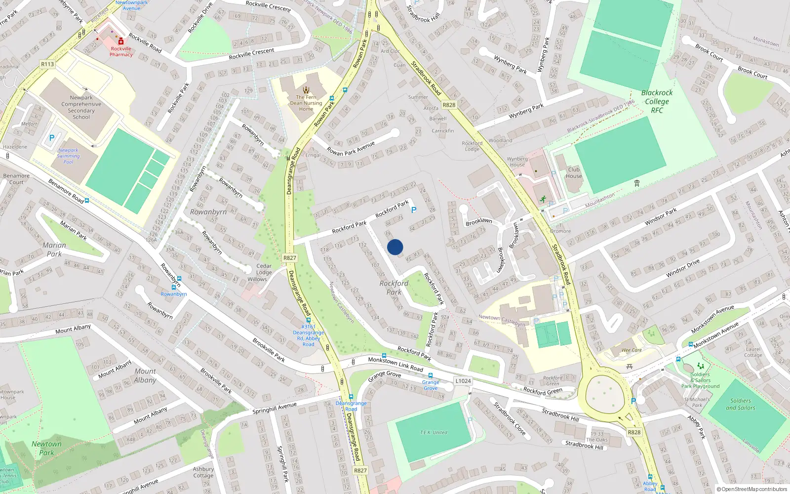 Overhead map showing the location of 42 Rockford Park, Blackrock, Dublin