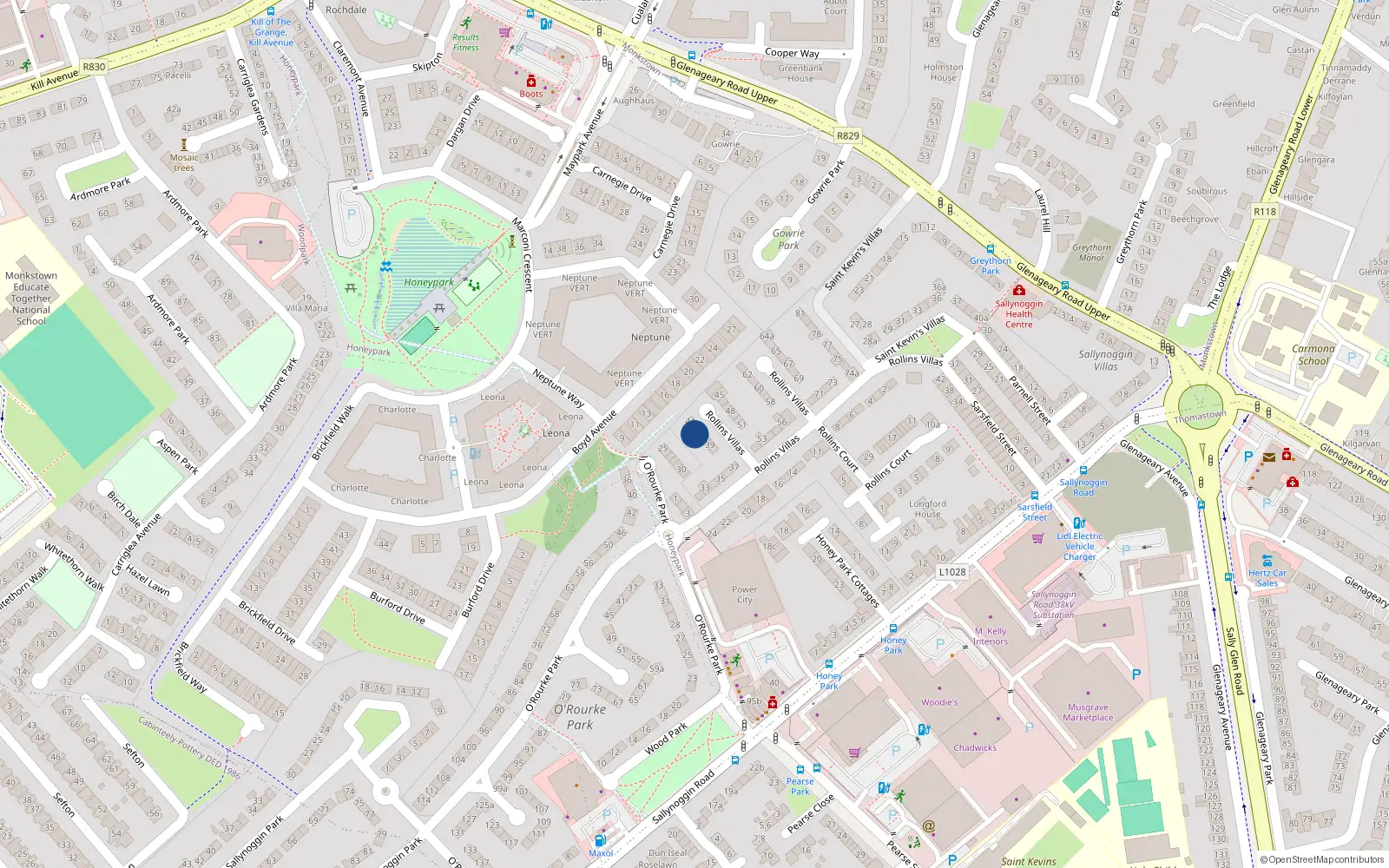 Overhead map showing the location of 42 Rollins Villas, Sallynoggin