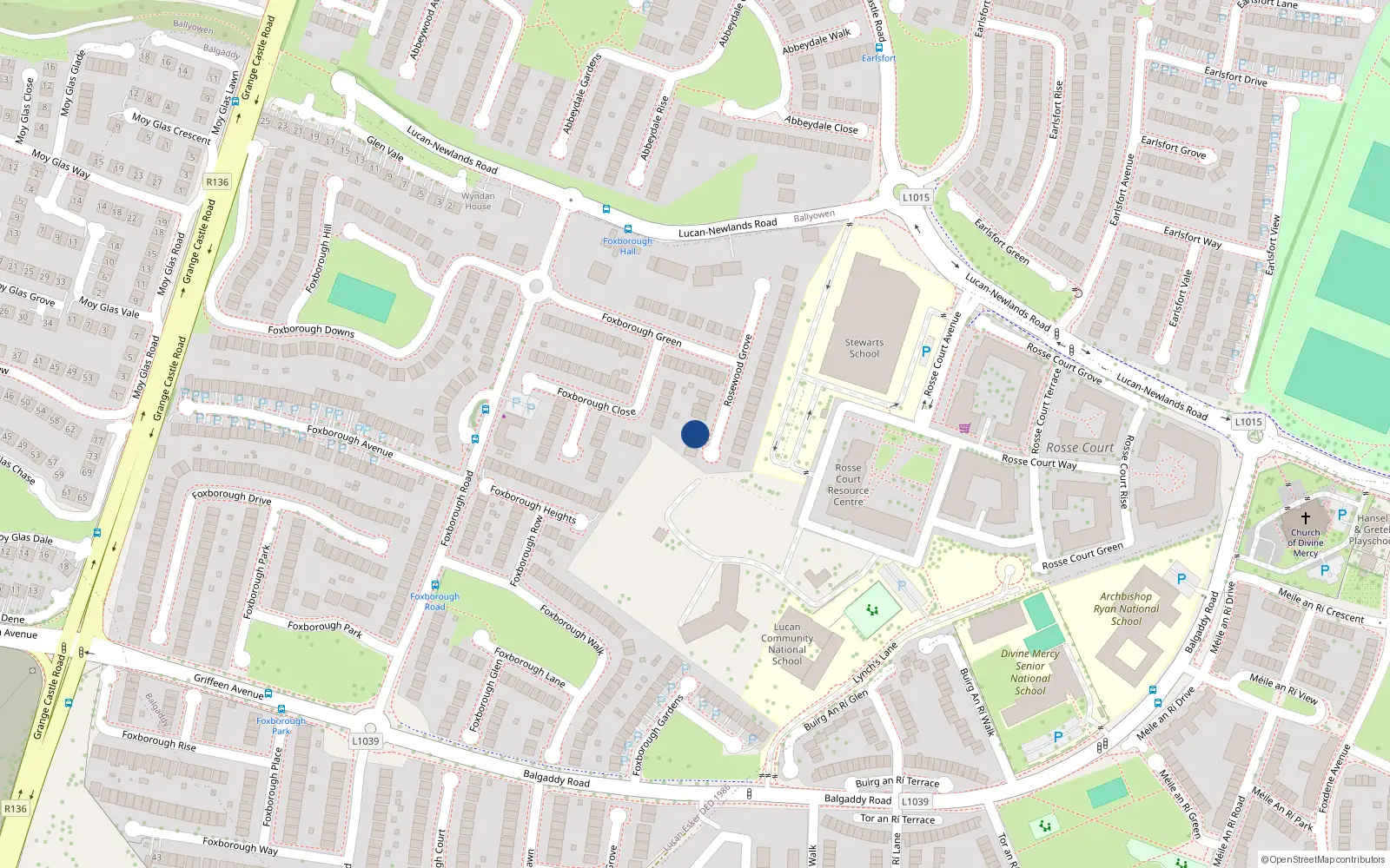 Overhead map showing the location of 42 Rosewood Grove, Lucan