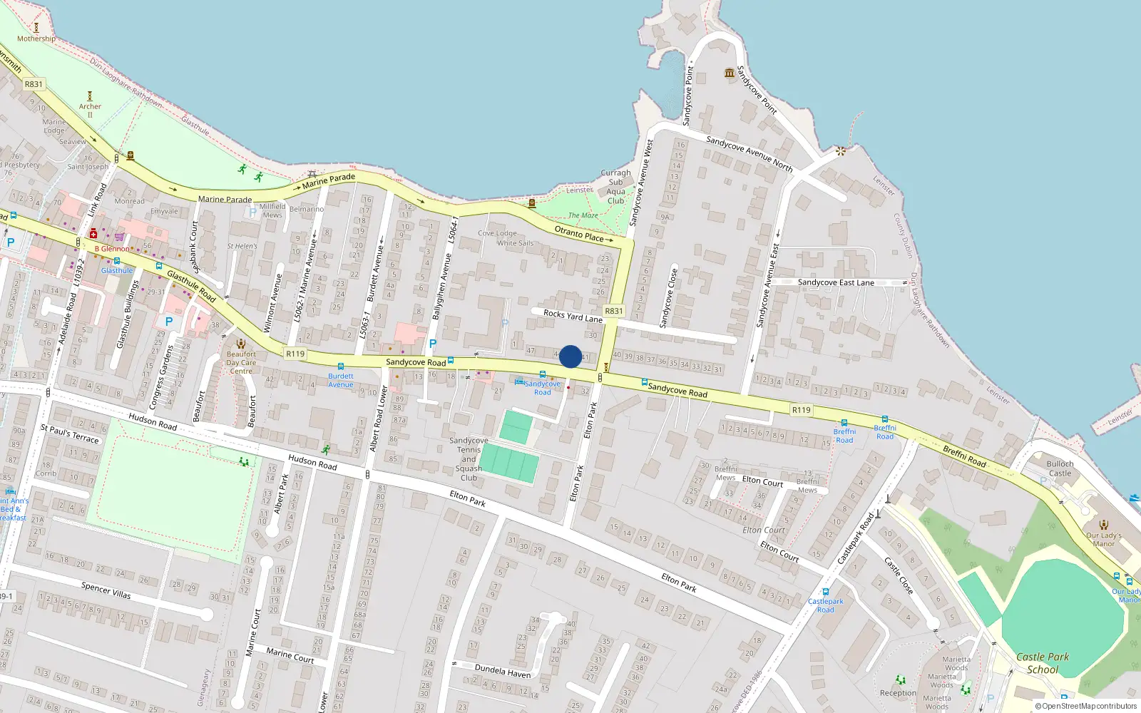 Overhead map showing the location of 42 Sandycove Road, Dublin