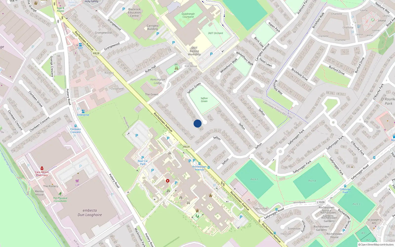 Overhead map showing the location of 42 Sefton Green, Rochestown Avenue, Dun Laoghaire