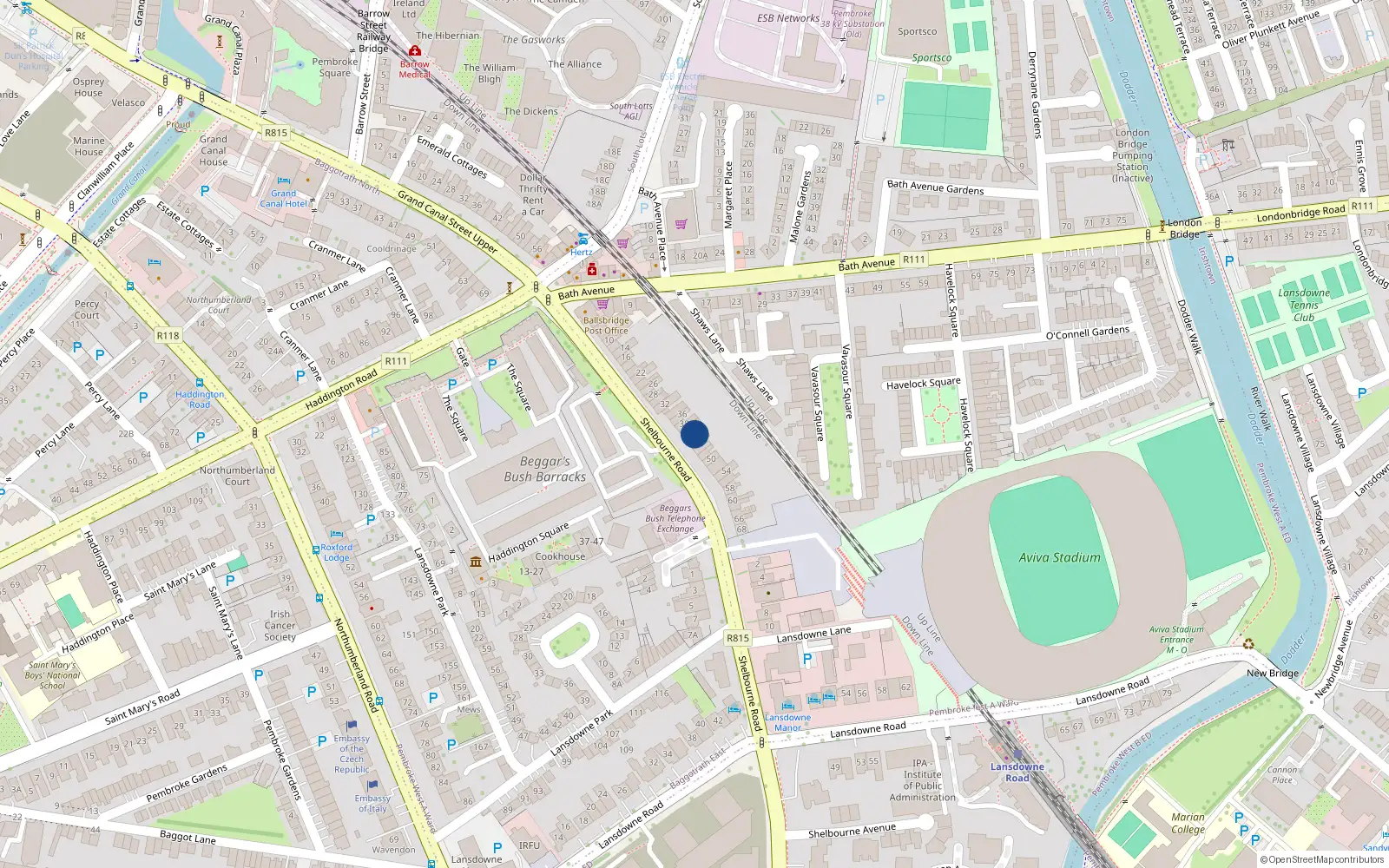 Overhead map showing the location of 42 Shelbourne Road, Dublin 4